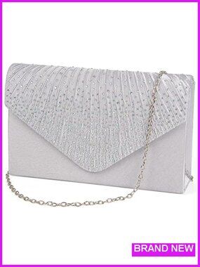 Satin Evening Clutch with Rhinestones, Crossbody Chain, Formal Party